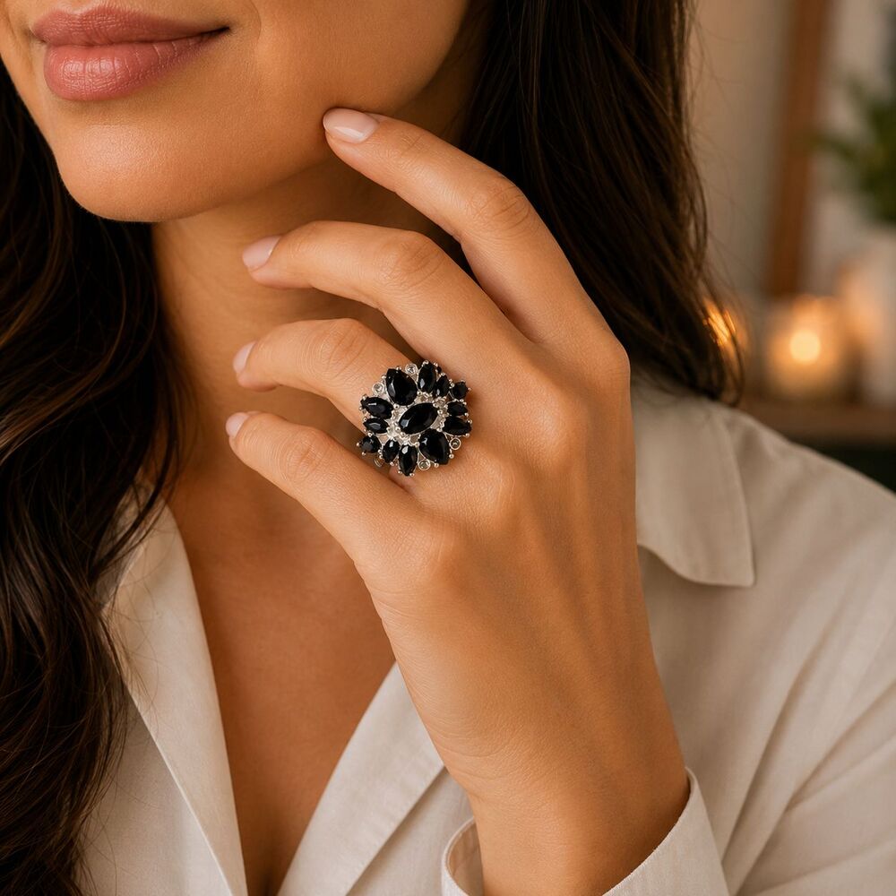 Avon Moonlit Petals Cocktail Ring Silver Tone Black Statement Womens Size 10